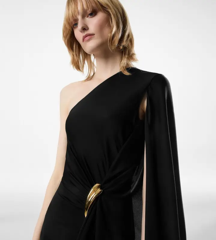 ONE SHOULDER EVENING DRESS WITH CAPE AND LIZA HARDWARE DETAIL online